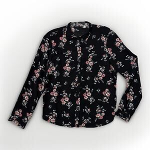 Divided H & M Blouse Size 2 Black Floral Button Up Viscose Long Sleeve